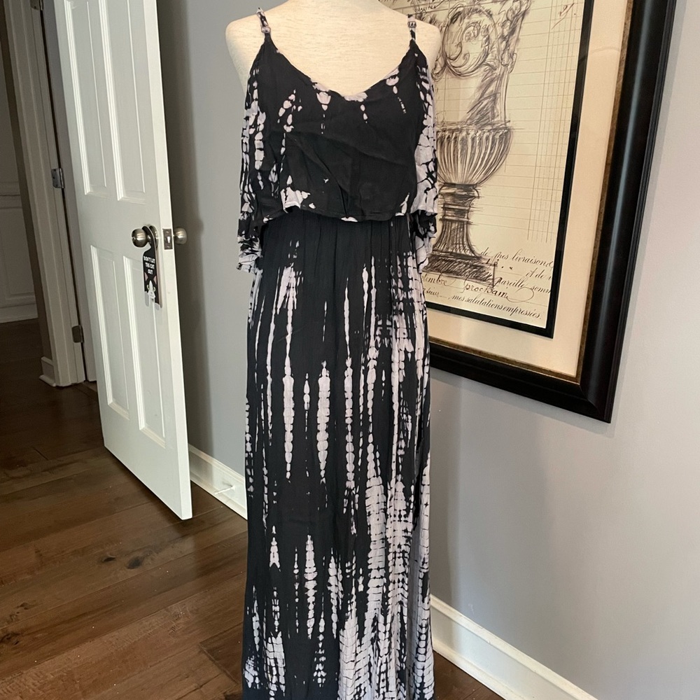 Boho Tie Dye Indigo Ruffle Maxi Dress